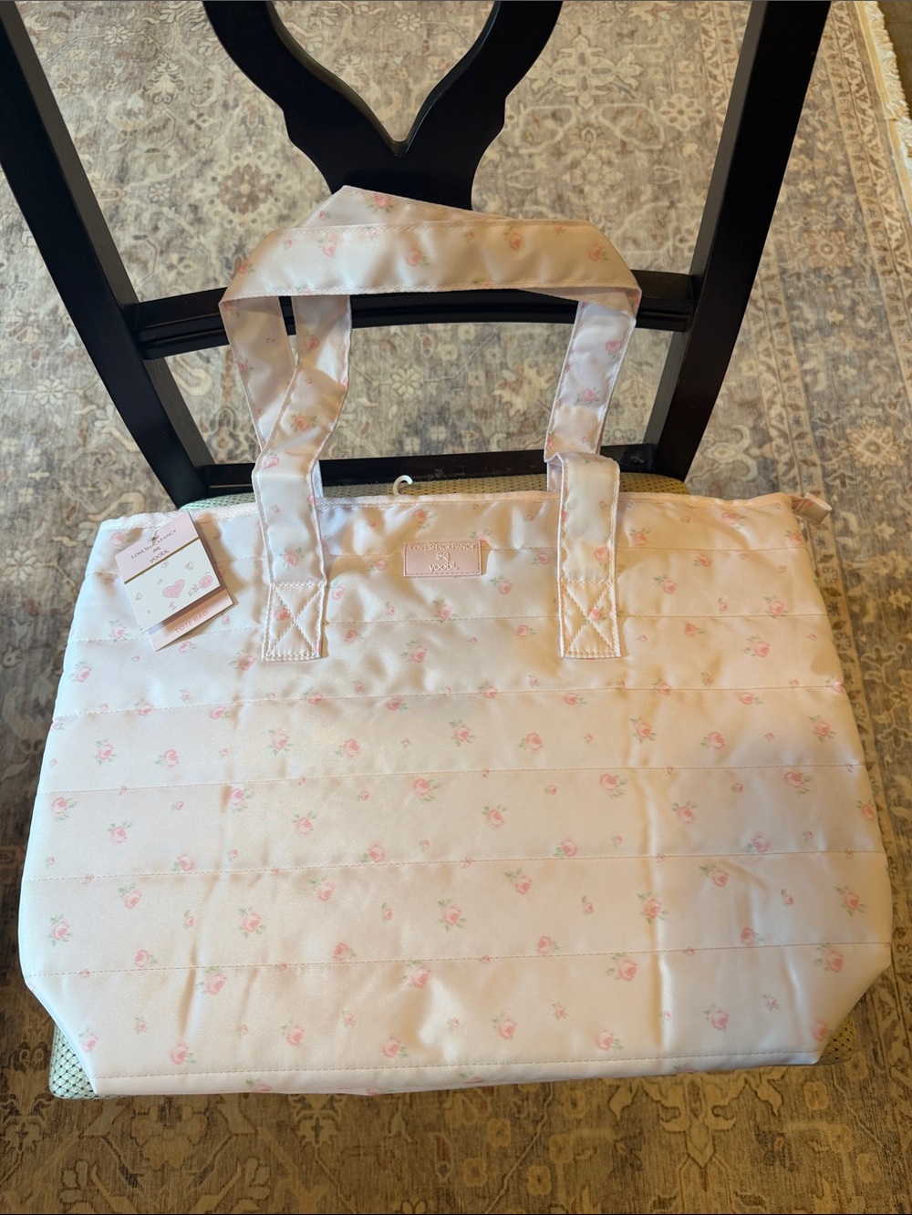 LoveShackFancy Light Pink Floral Quilted Tote Bag w gold zipper bow- so cute!!!